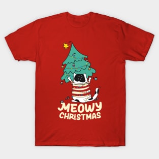 Funny Meowy Christmas Tuxedo Cat Xmas Tree T-Shirt